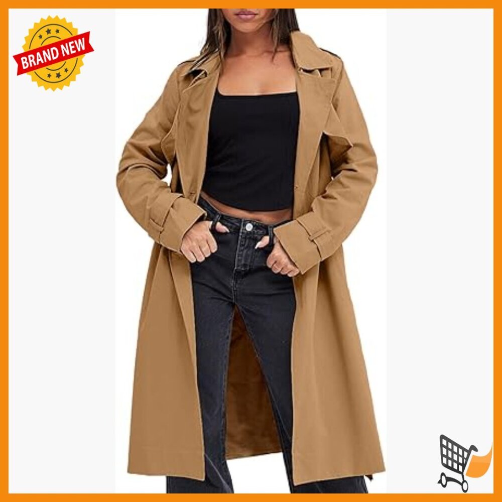 Women's Double Breasted Trench Coat Windproof Long Lapel Belted Overcoat